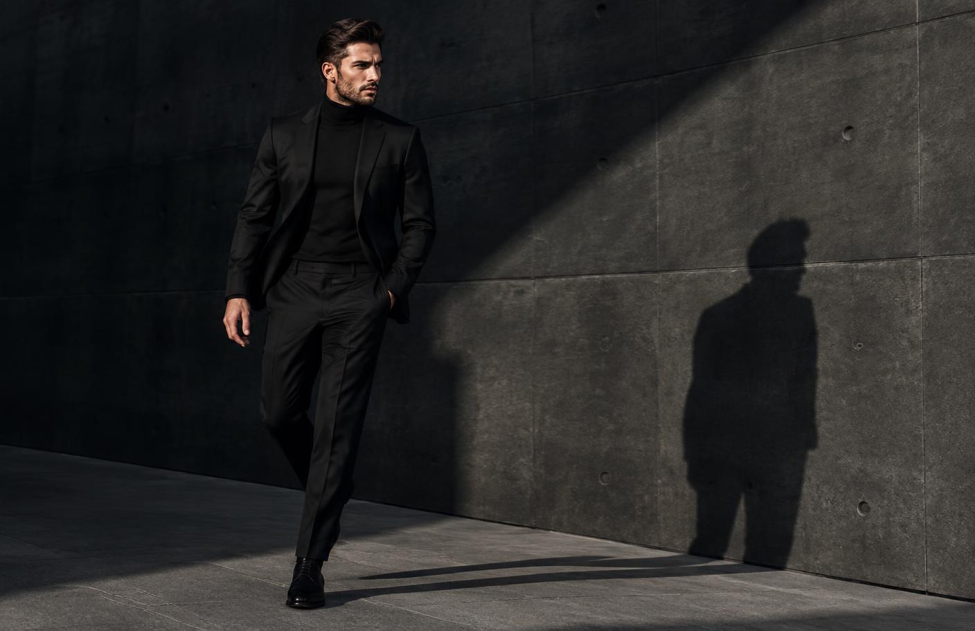 Man in tailored black walking past a concrete wall