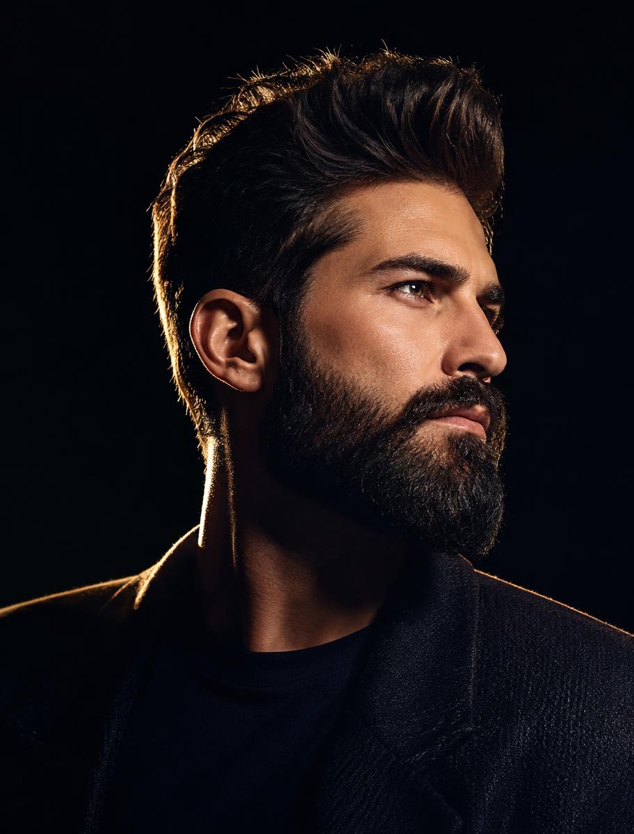 Sculpted full beard under warm light
