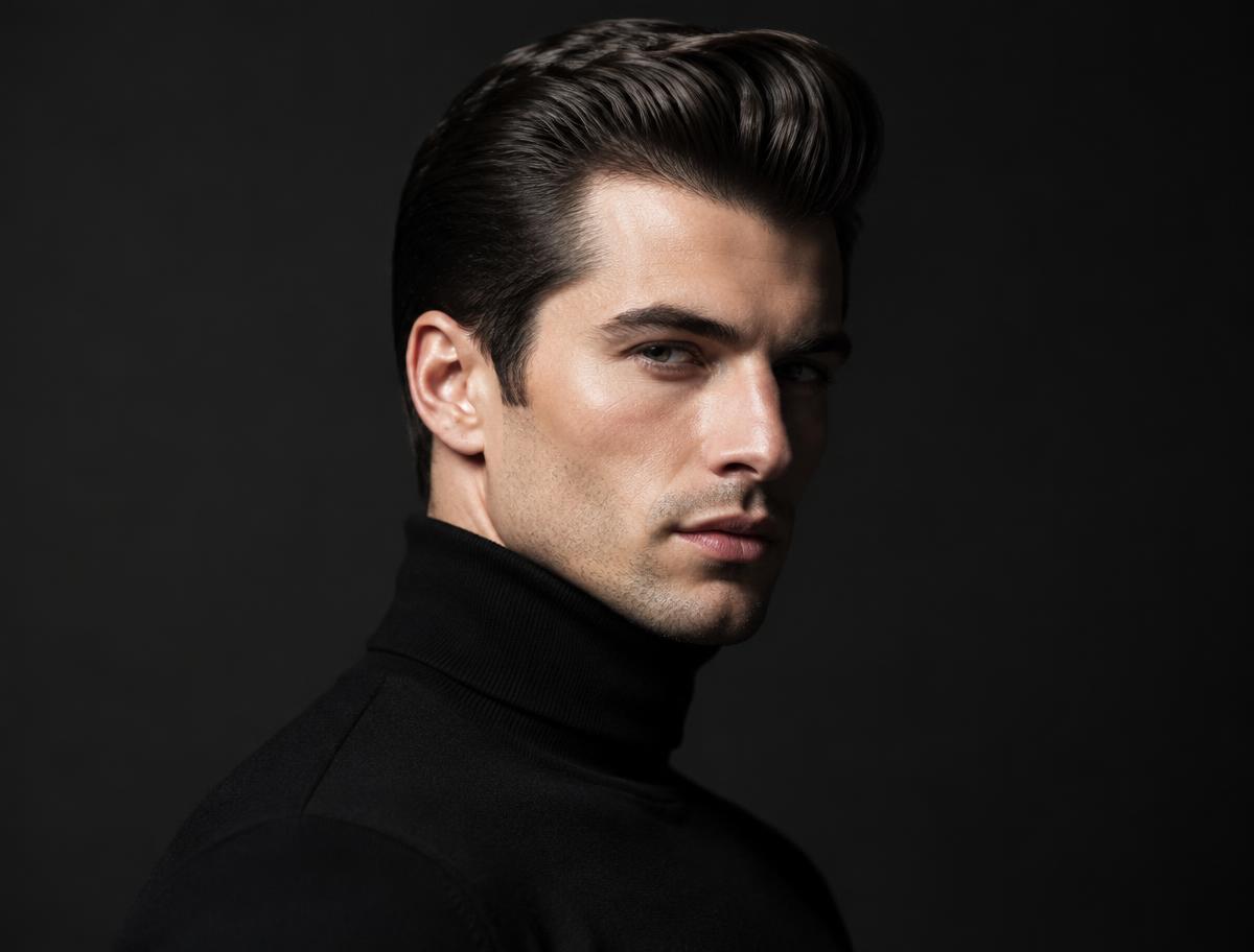 Slicked-back classic pompadour