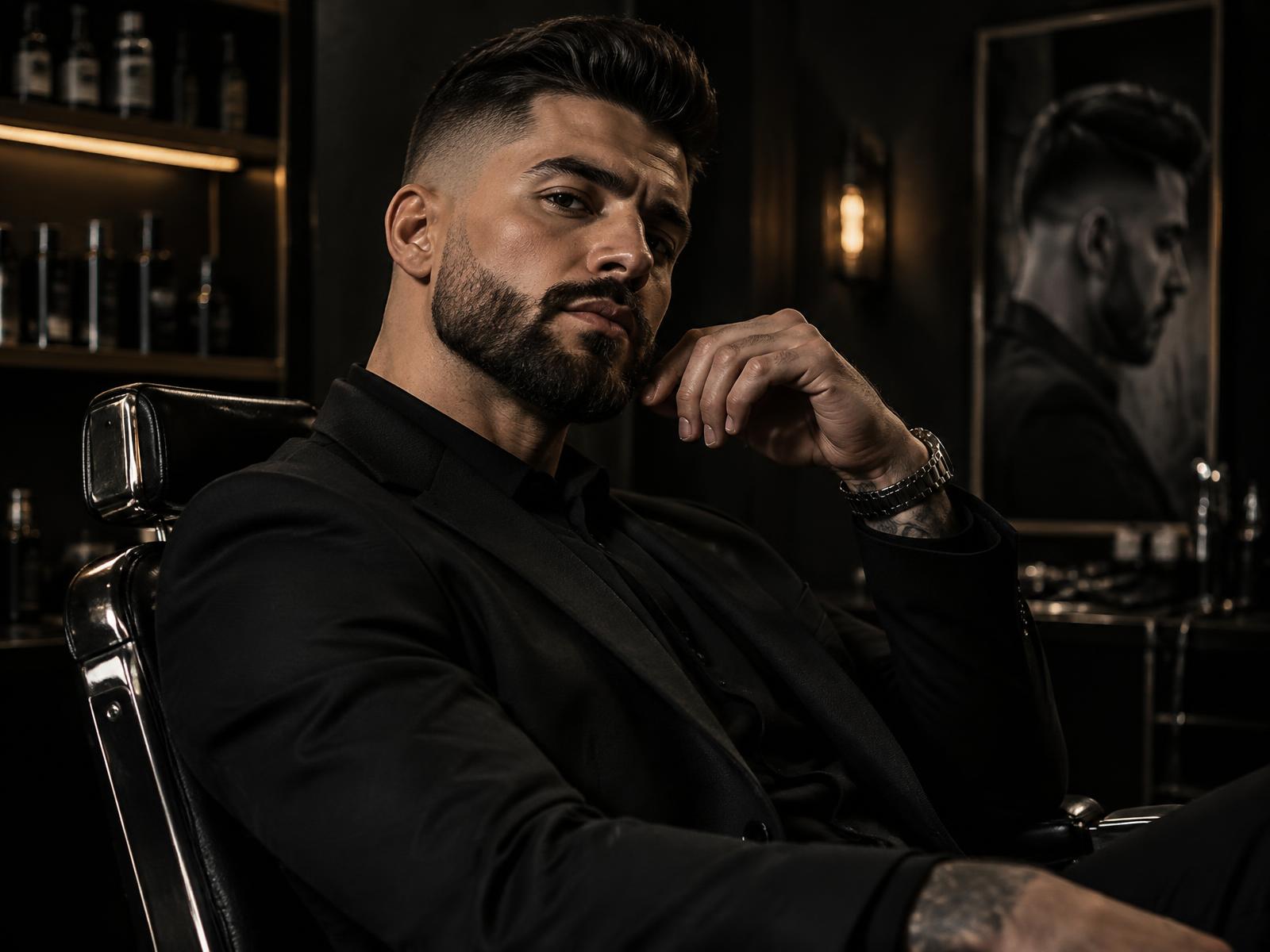 Man with a sharp fade and groomed beard in the Ironhand studio