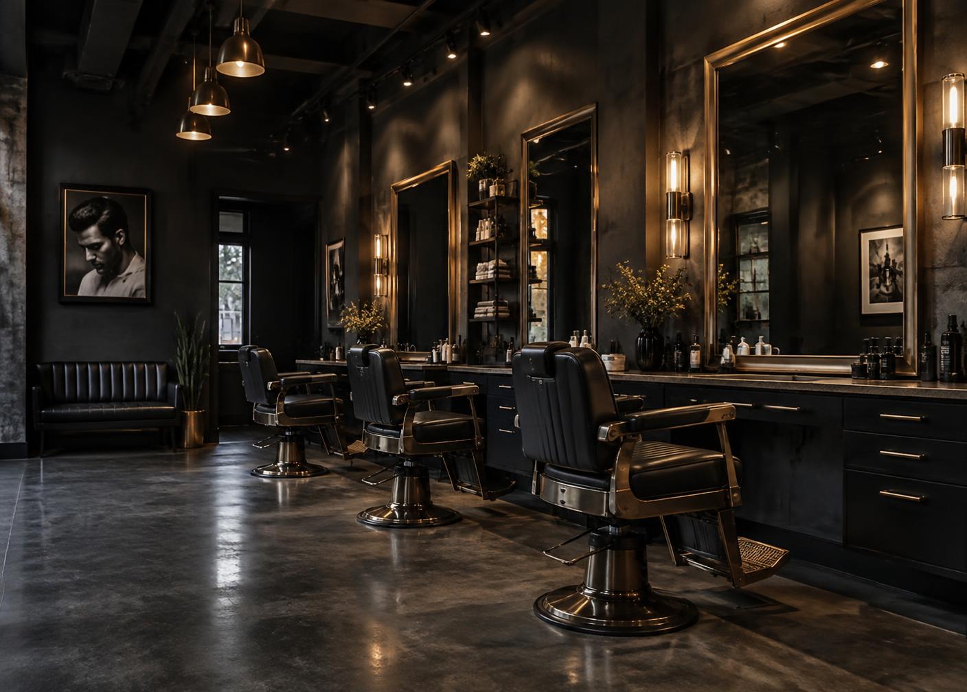 Interior of the Ironhand barber studio with black leather chairs